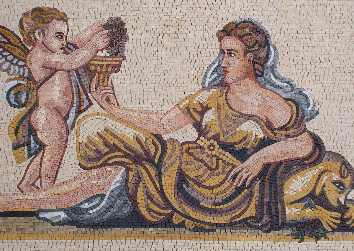 Cupid and Venus Mosaic Tile Mural: Handmade Marble Art