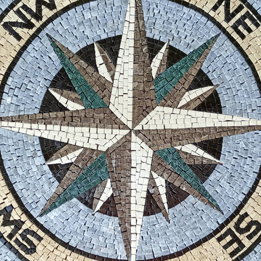 Handmade Marble Mosaic Compass Tile: Nautical Flooring Art (32" Diameter)