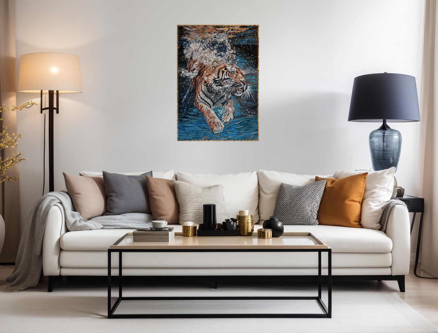 40"x28" Tiger Swimming Mosaic Wall Art, Wildlife Home Decor, Majestic Animal Design, Customization available