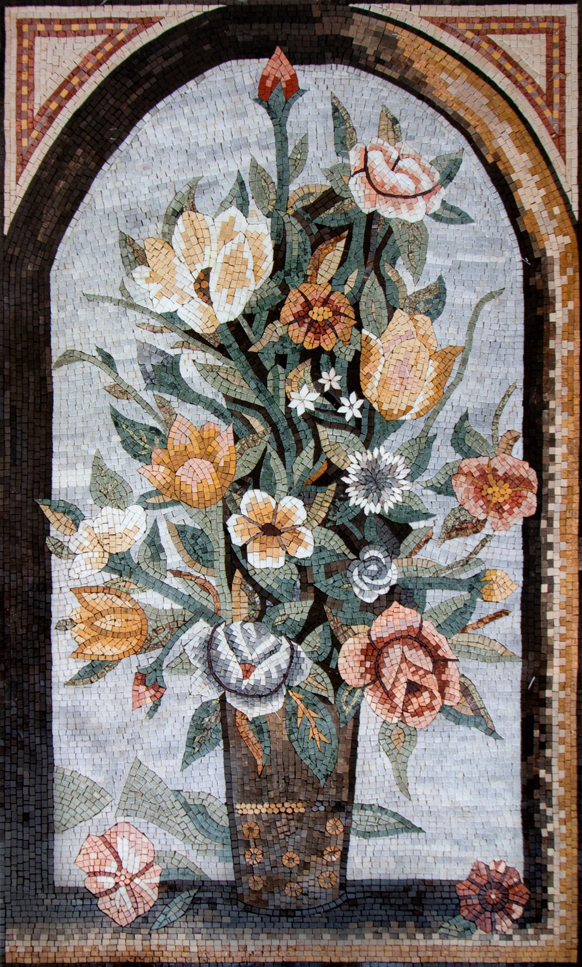 Handmade Marble Mosaic Mural: Flowers in Vase Wall Art