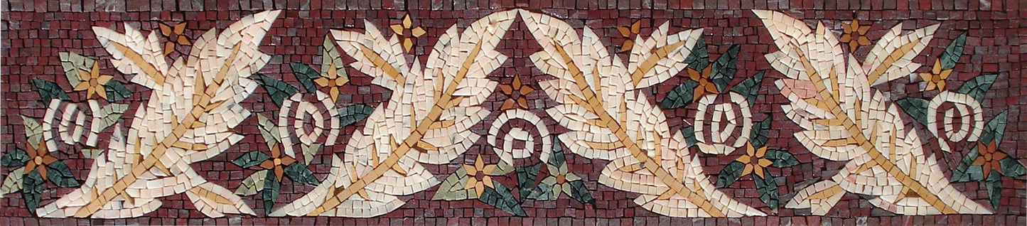 Handmade Marble Tile Mosaic Border: Maroon & Cream Floral Accent - 8" x 40"