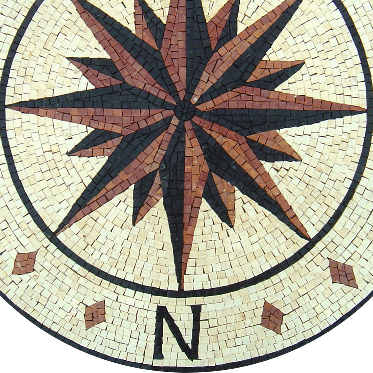 Nautical Compass Mosaic Tile: Handmade Wind Rose Medallion (40" Diameter)