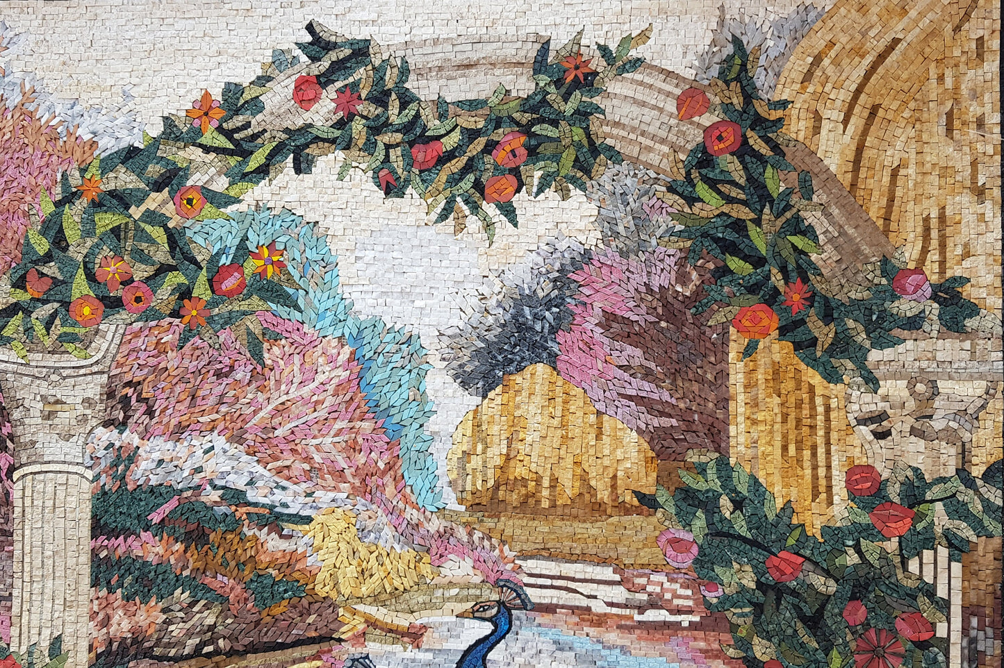 Peacock Mosaic Tile Art: Handmade Stone Wall Decor (56” x 40")