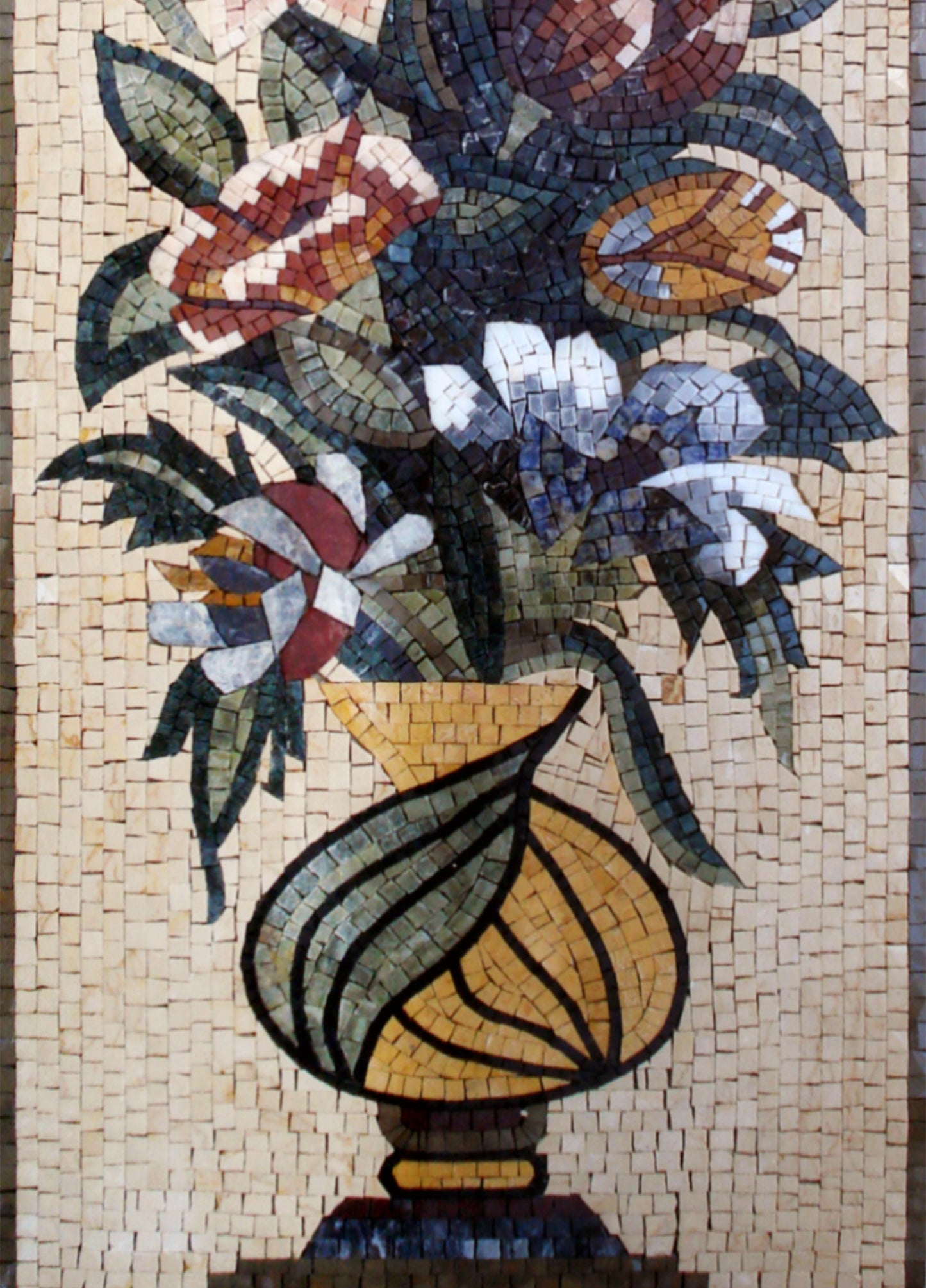 Handmade Marble Mosaic: Floral Vase Wall Art (44" x 16")