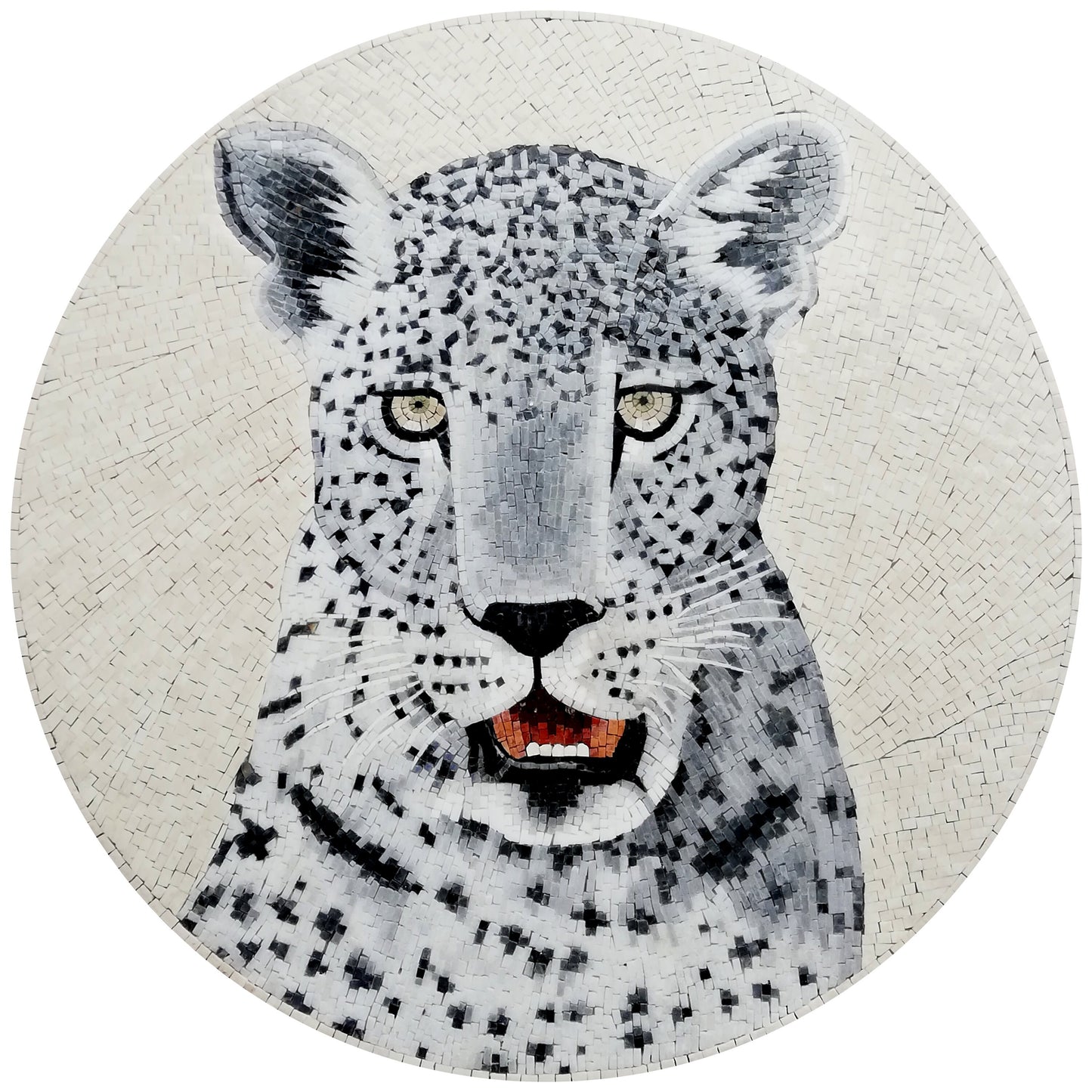 Snow Leopard Mosaic Tile: Handmade Marble Animal Wall Art (36" Di)