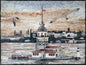 Handmade Turkish Mosaic Tile Art: Mosque & Birds Scenery (32” x 24”)