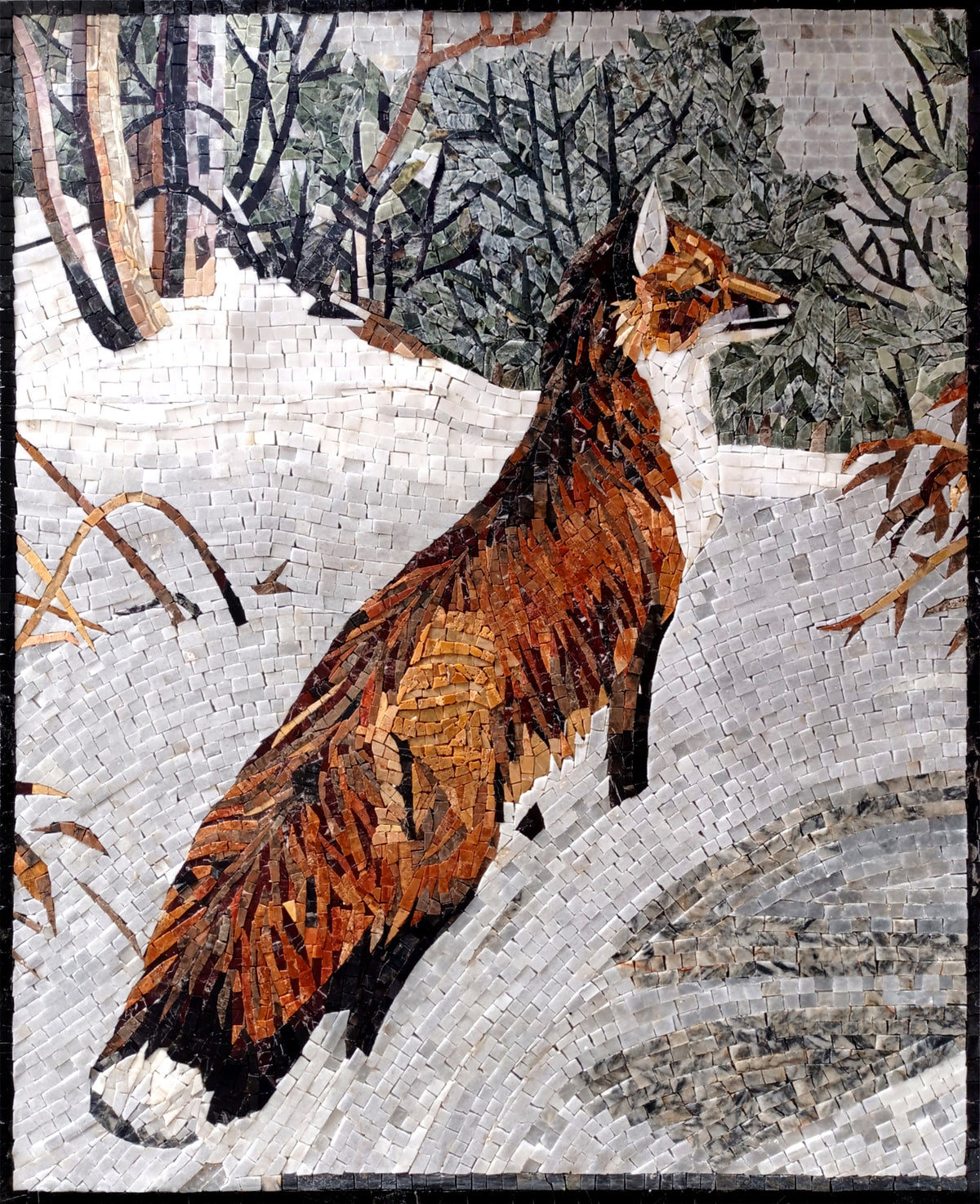 Handmade Fox Mosaic Tile Art: Snowy Wildlife Decor (40x32")