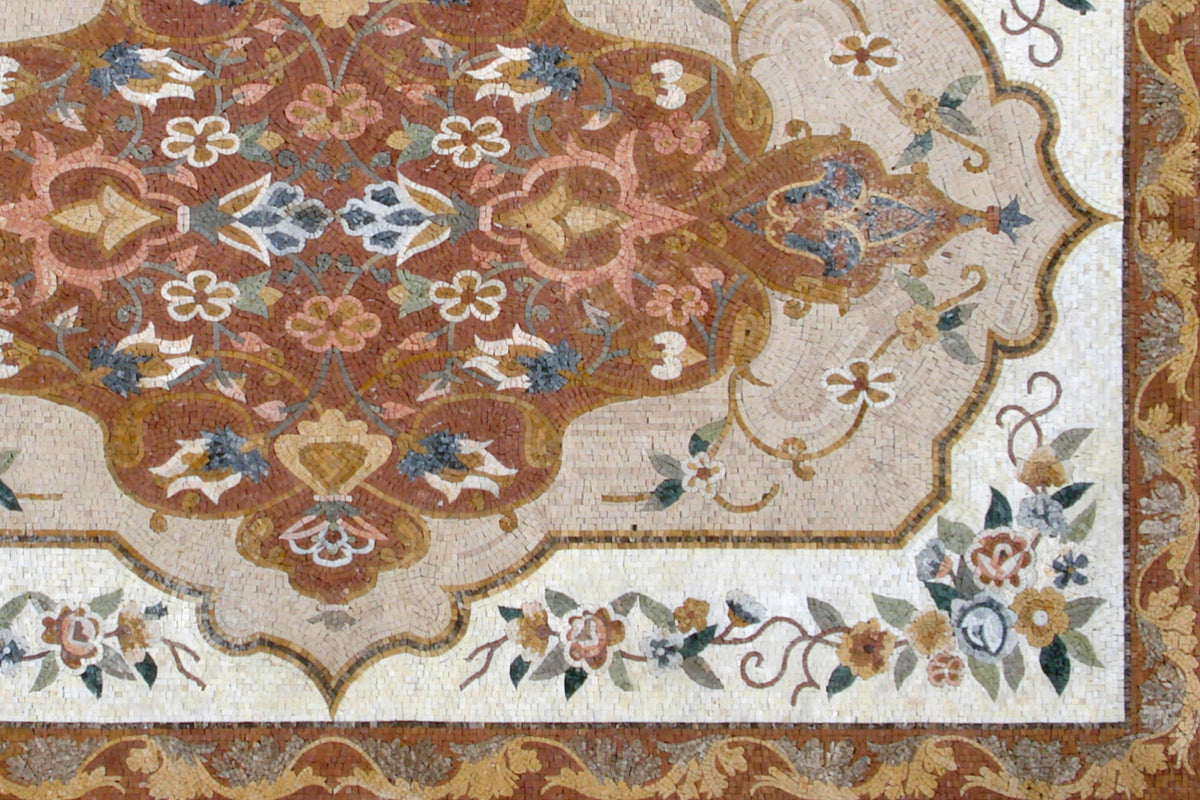 Handmade Marble Stone Mosaic Rug: Flower Design Art Tile (84” x 56")