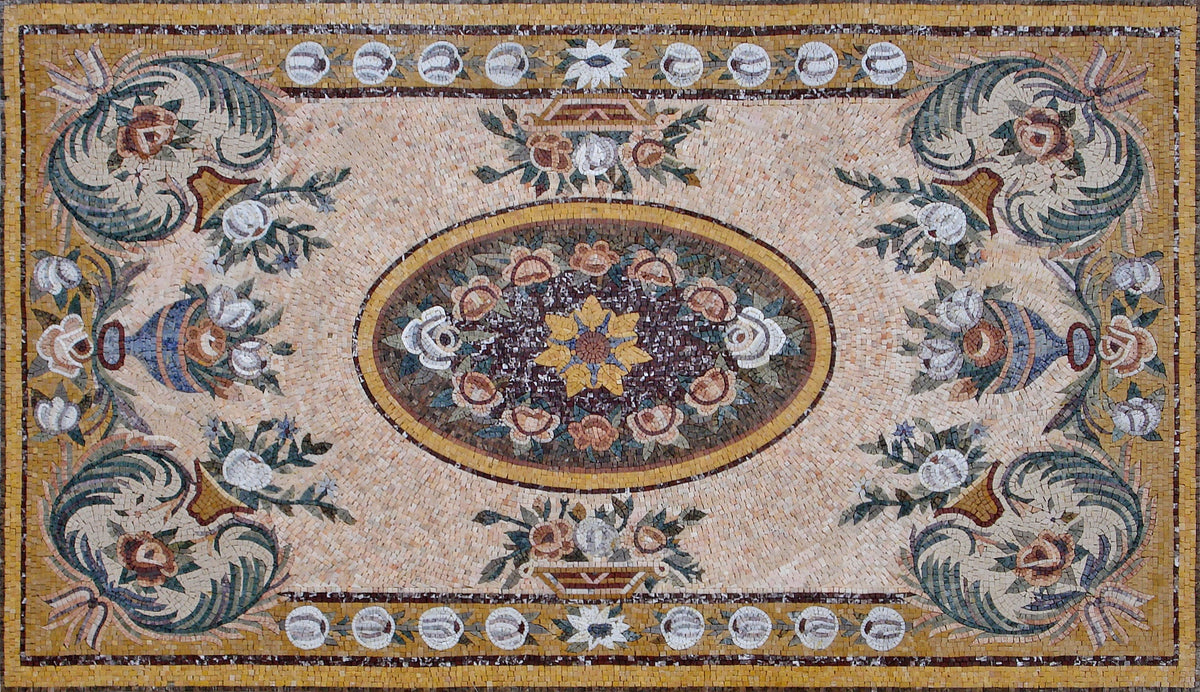Handmade Marble Mosaic Rug: Floral Stone Medallion, Home Decor