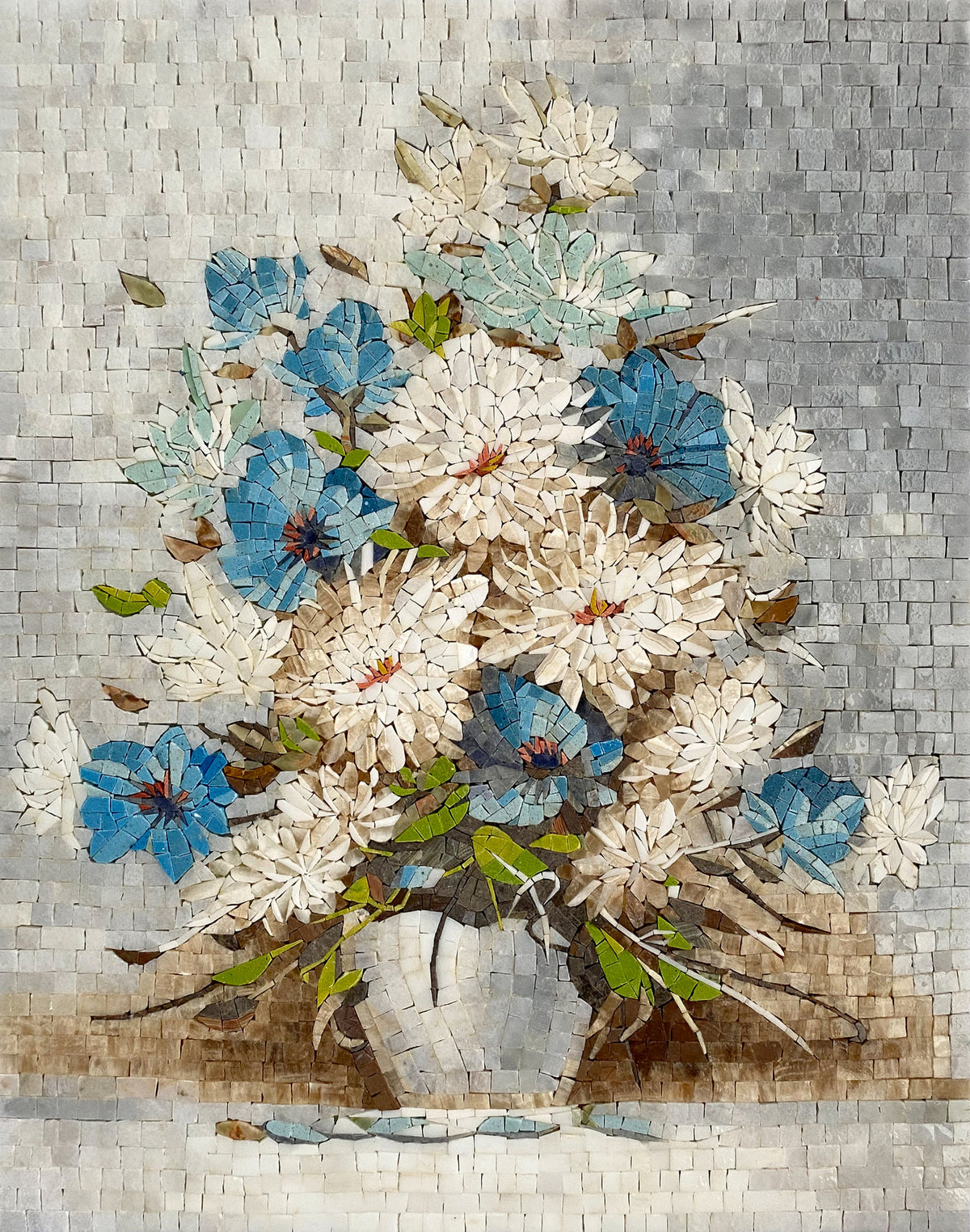 Handmade Floral Mosaic Wall Art: Chrysanthemums & Anemones (30” x 24”)