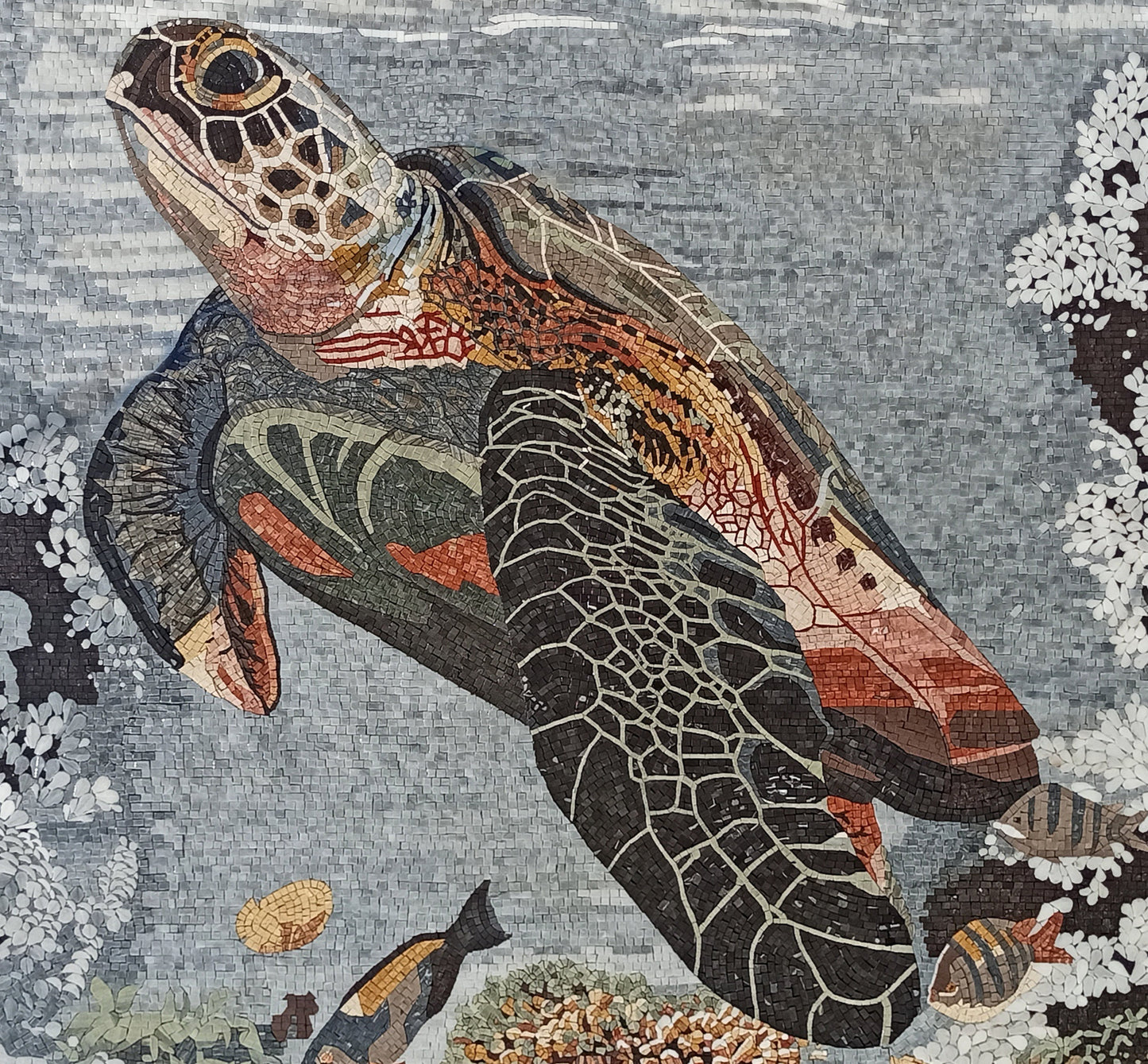 Handmade Sea Turtle Mosaic Tile Art: Marine Animal Wall Decor (80” x 72")