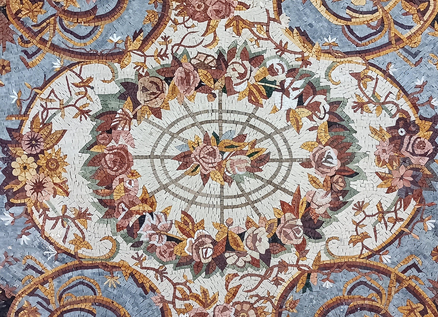 Handmade Marble Mosaic Rug: Floral Medallion Design (88” x 60")