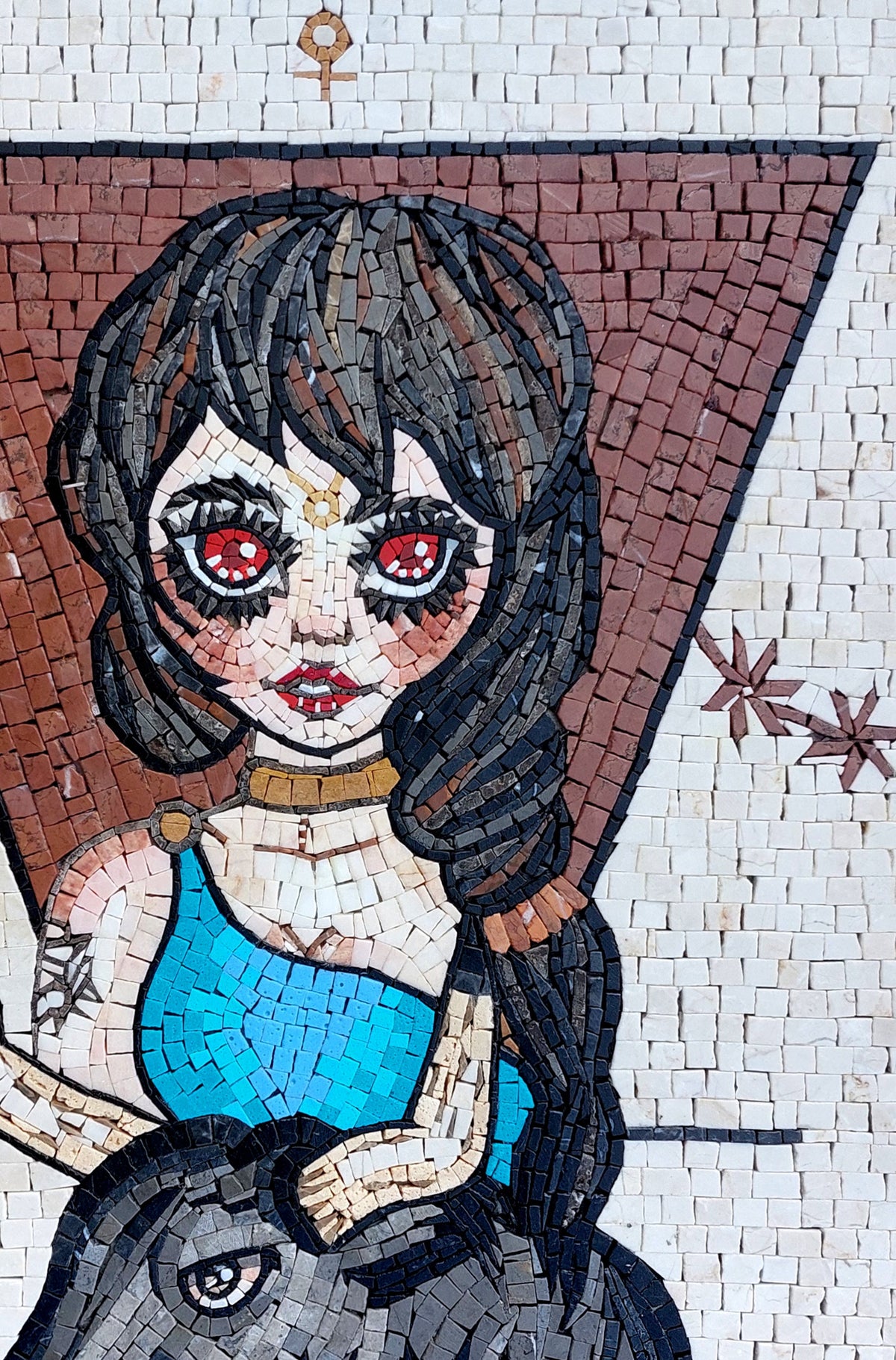 Handmade Taurus Zodiac Mosaic Tile: Red Eyes Girl Art (30x20)