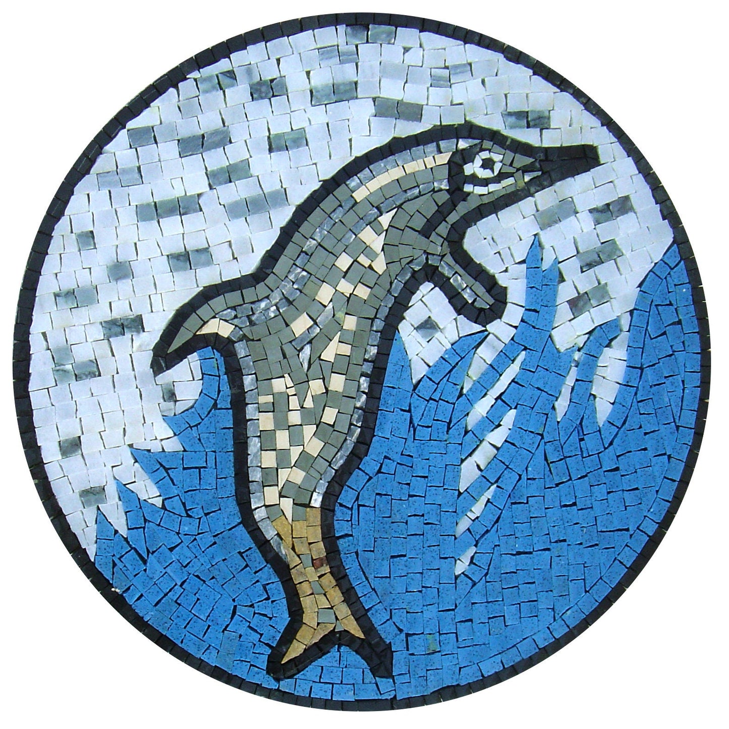 Handmade Dolphin Mosaic Art: Marble Tile Medallion (20" Diameter)