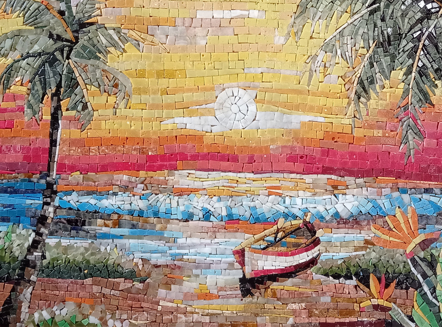 Handmade Sunset Mosaic Tile: Palm Trees & Boat Beach Scene