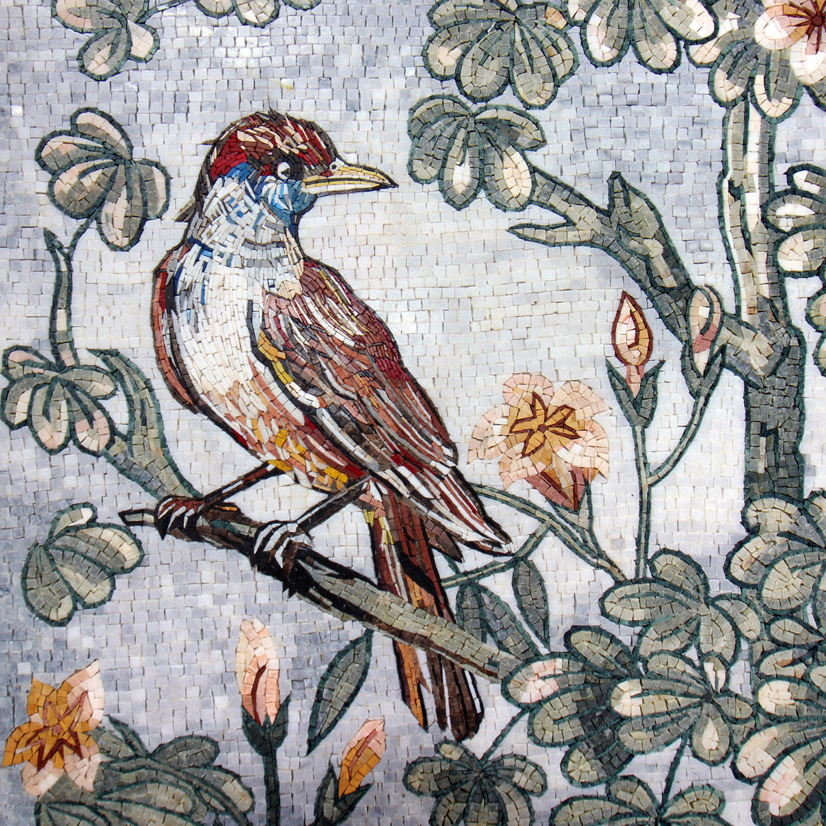 Handmade Bird Mosaic Tile: Hoopoe & Kingfisher Floral Art (40x40")