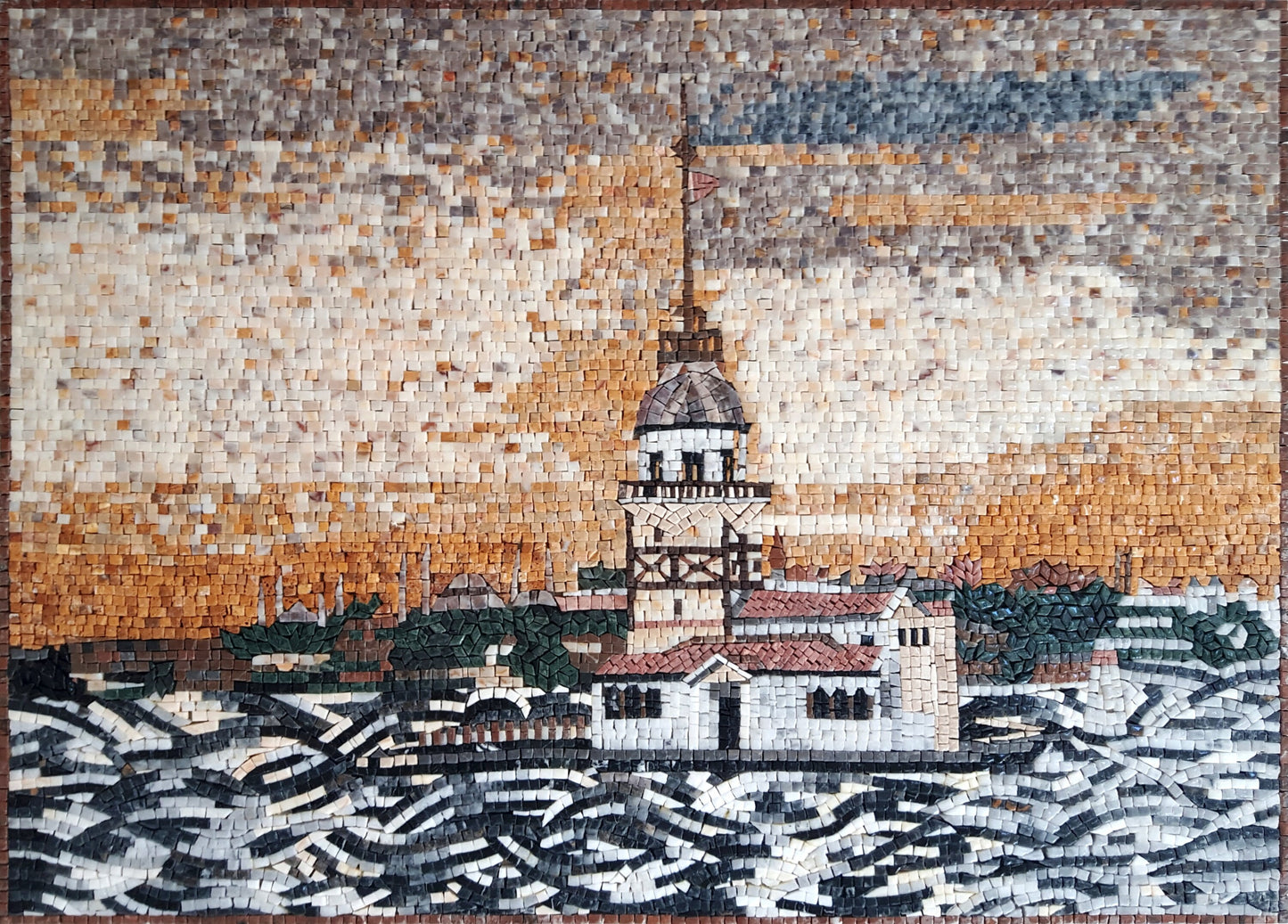 Coastal City Marble Mosaic Tile Art: Handmade Wall Decor (32” x 24”)