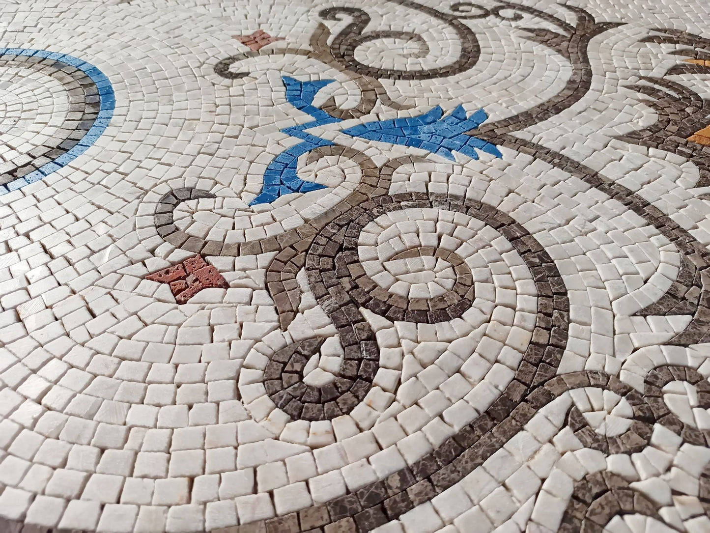 Handmade Marble Mosaic Rug: Floral Medallion Design (80” x 48")