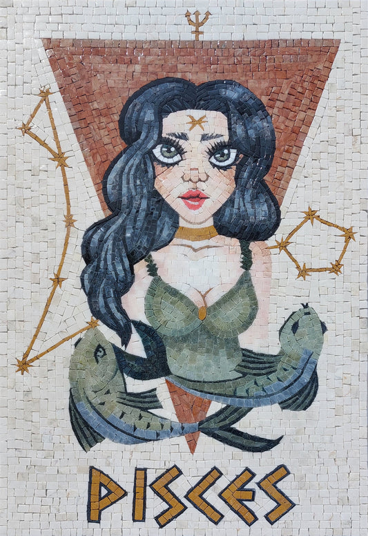 Pisces Zodiac Mosaic Tile Art: Handmade Marble Wall Decor