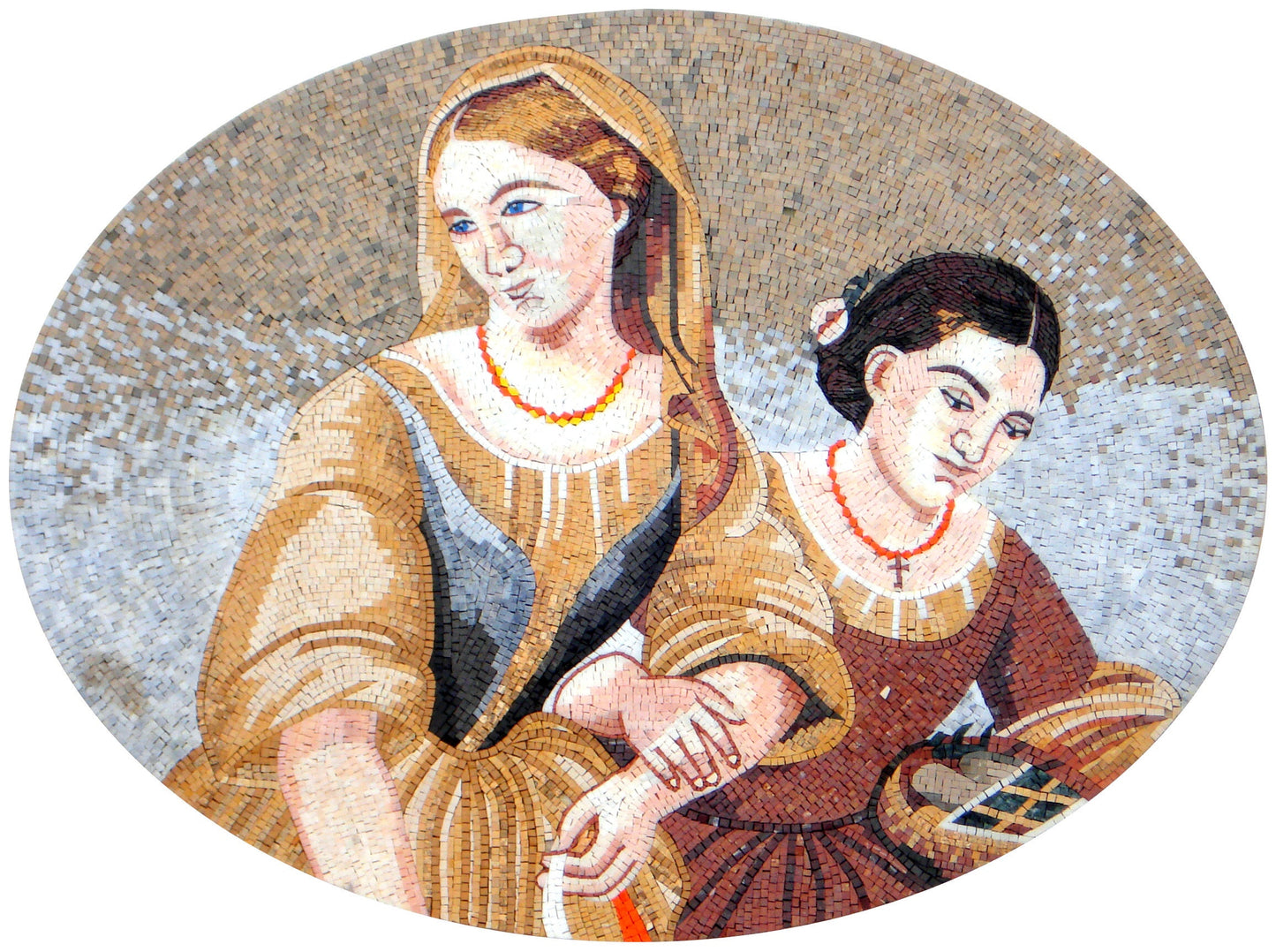 Handmade Sisters Portrait Marble Mosaic Tile Art: 52” x 32”