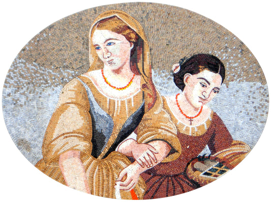 Handmade Sisters Portrait Marble Mosaic Tile Art: 52” x 32”