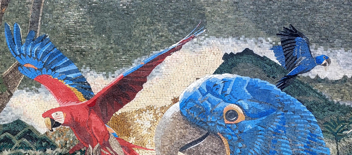 90"x40" Parrots Mosaic Wall Art –Vibrant Tropical Bird Scene, Nature-Inspired Home Decor, customization available