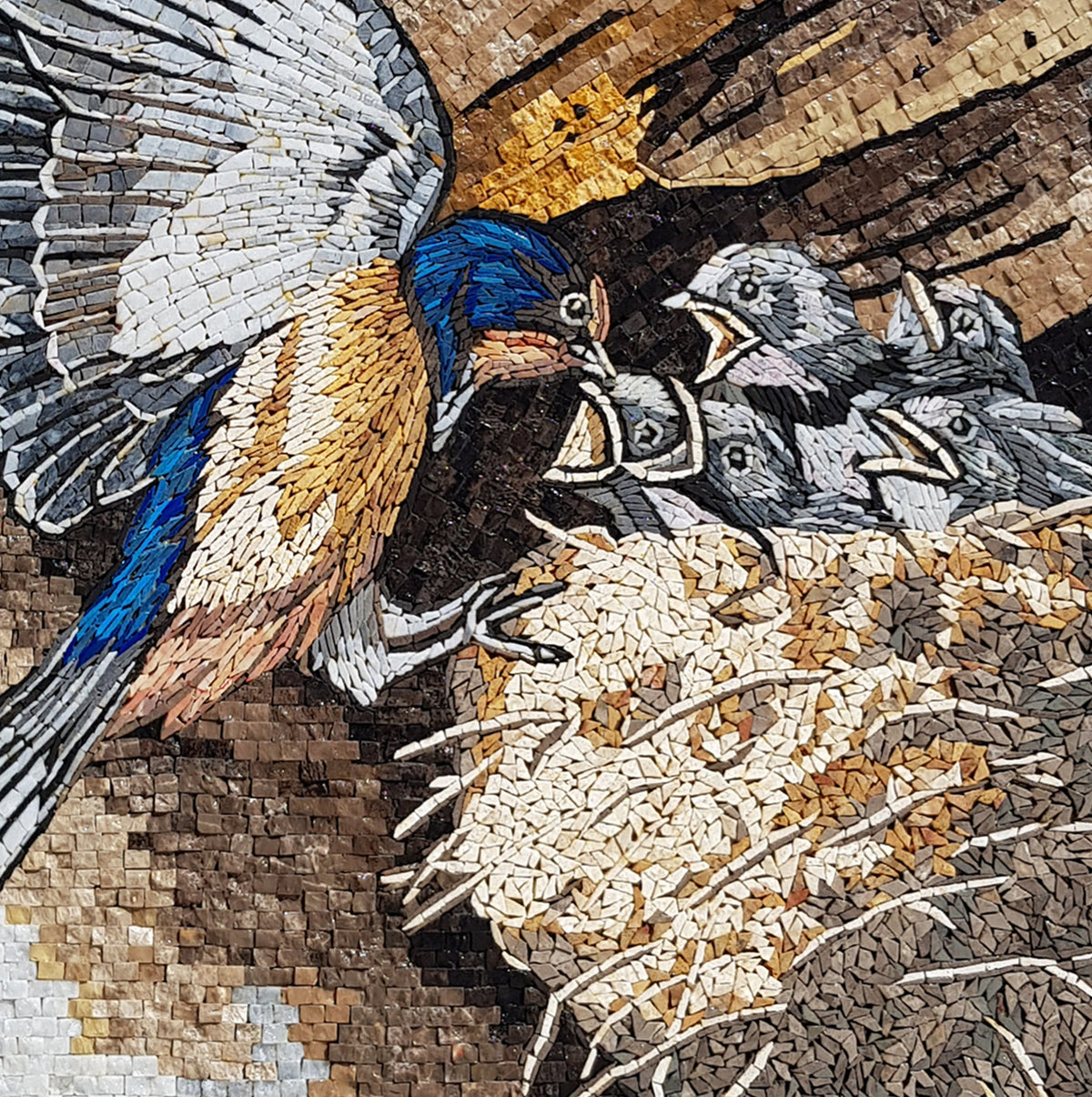 Handmade Bird Mosaic Tile Art: Mother Feeding Chicks, Stone Wall Decor