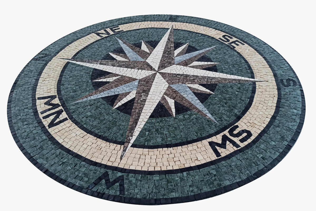 Coastal Elegance - Mosaic Artwork - Sea Green and White Compass Mosaic Medallion - Customization available