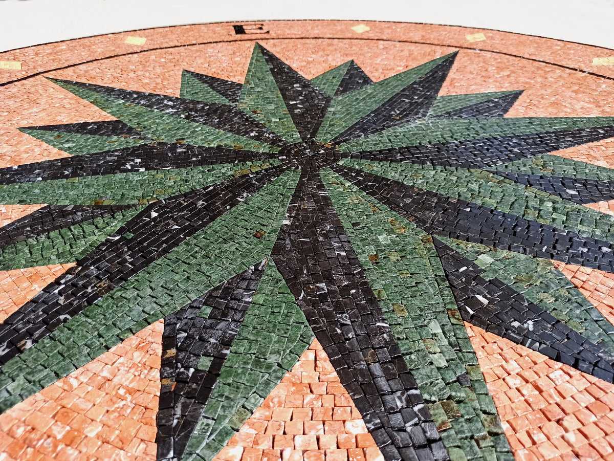 Handmade Marble Mosaic Compass Medallion - Nautical Tile Art (32" Diameter)