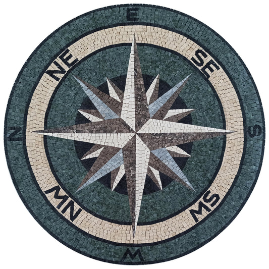 Handmade Compass Mosaic Tile: Nautical Medallion, Indoor/Outdoor (32" Diameter)