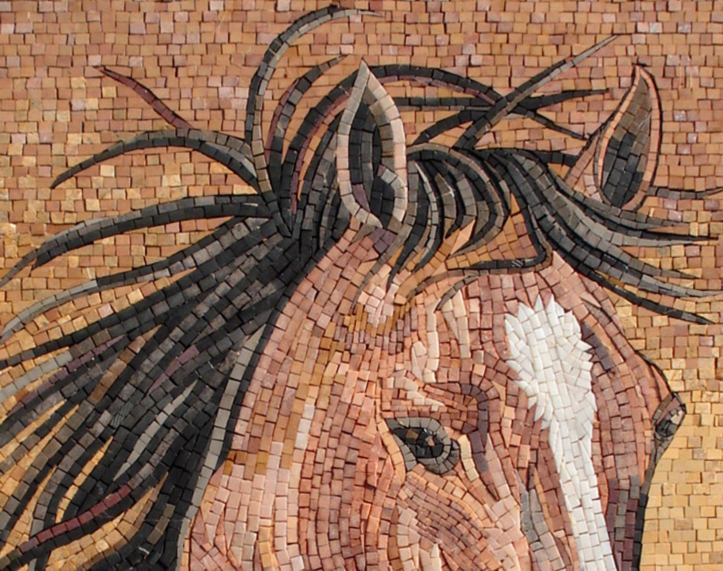 Handmade Horse Mosaic Mural: Brown Marble Stone Artwork