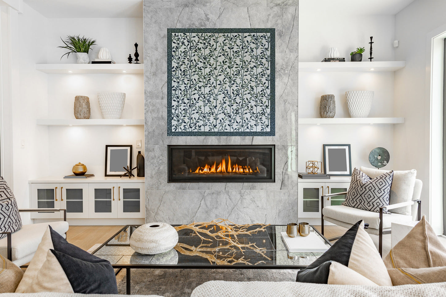 Handmade Marble Mosaic Tile Art: Floral Leaves Wall Decor (80” x 80”)