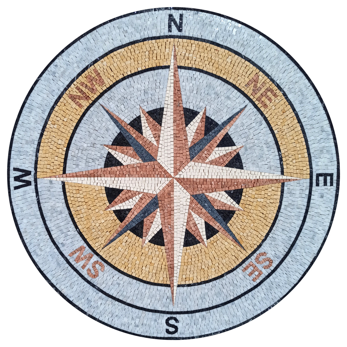 Handmade Compass Mosaic Medallion: Gold & Rose Marble Art
