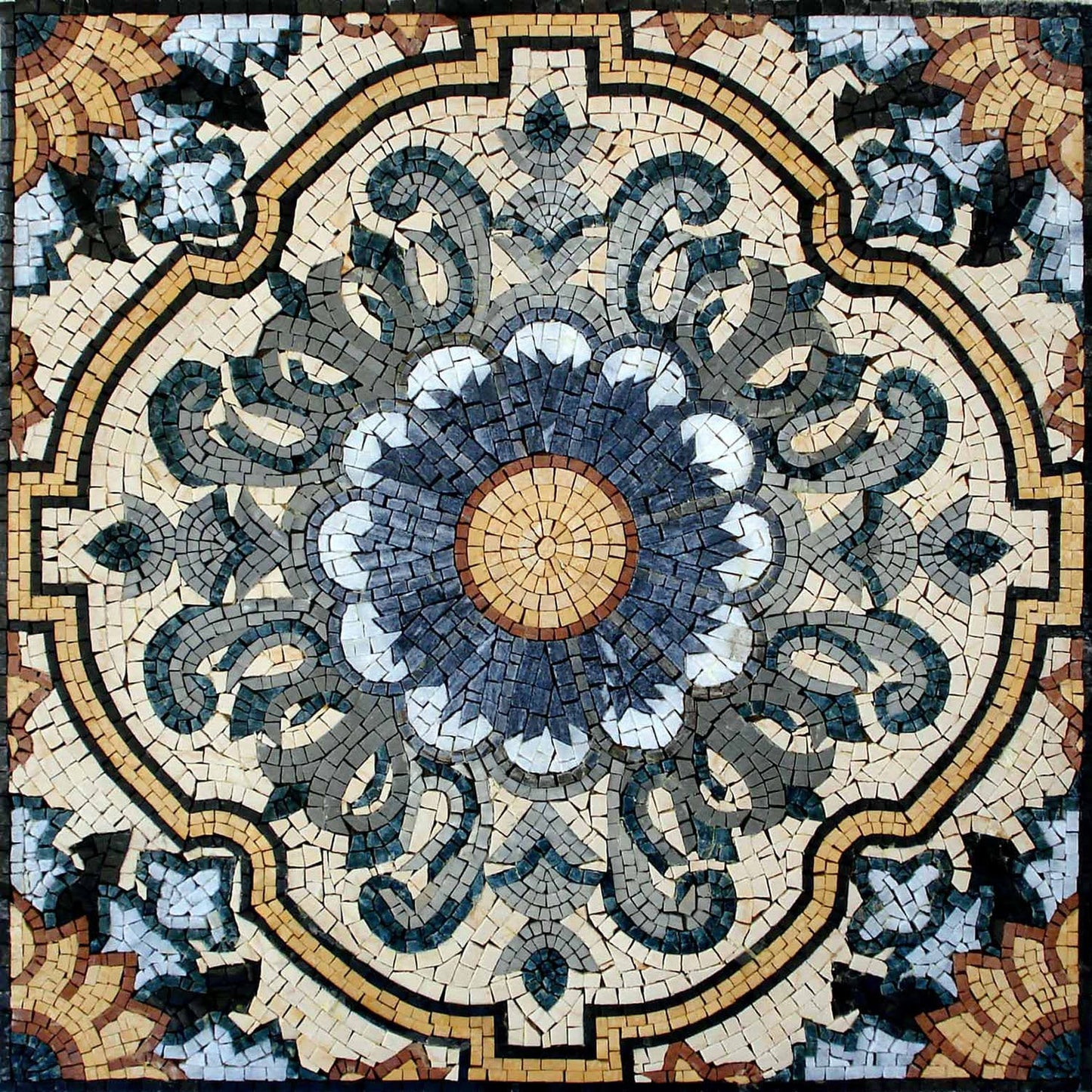 Geometric Marble Mosaic Tile: Abstract Floral Inlay, 36" Square