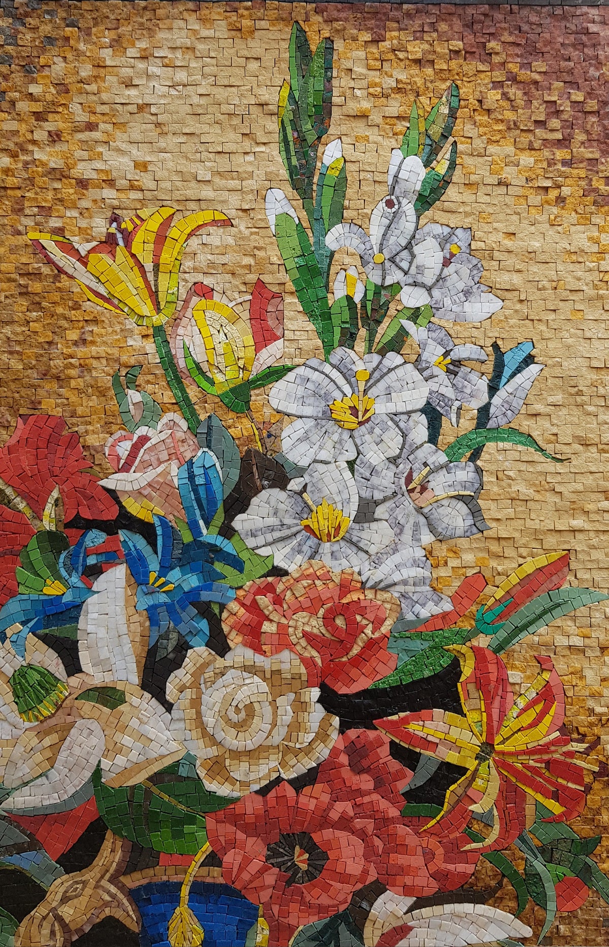 Flower Bouquet Mosaic Art: Roses in Blue Vase, Marble Interior Decor