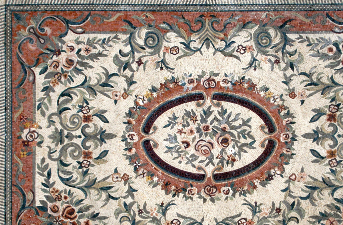 Handmade Marble Stone Mosaic Rug: Floral Art Tile Carpet (92” x 60")