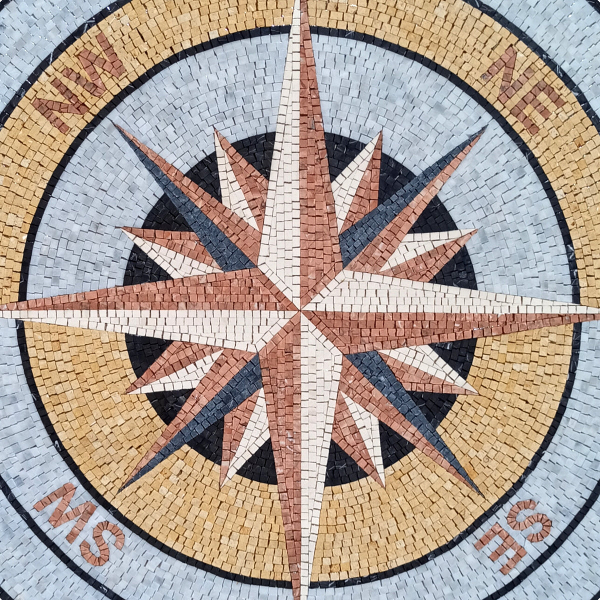 Handmade Compass Mosaic Medallion: Gold & Rose Marble Art