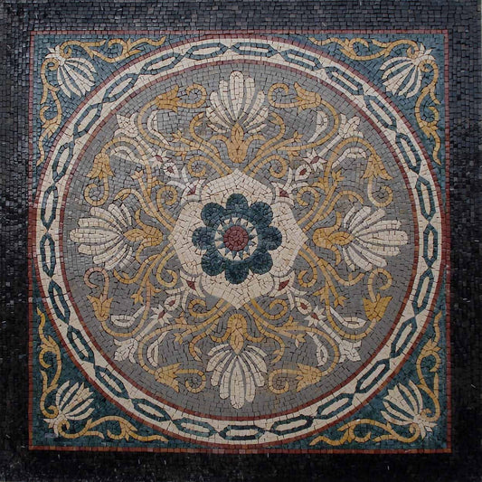 36" Floral Marble Mosaic Tile: Geometric Inlay Artwork
