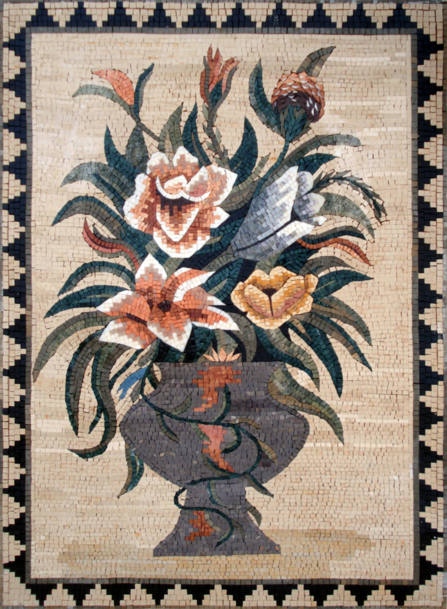 Handmade Marble Mosaic: Rose Flower Vase Wall Art Decor (44” x 32”)
