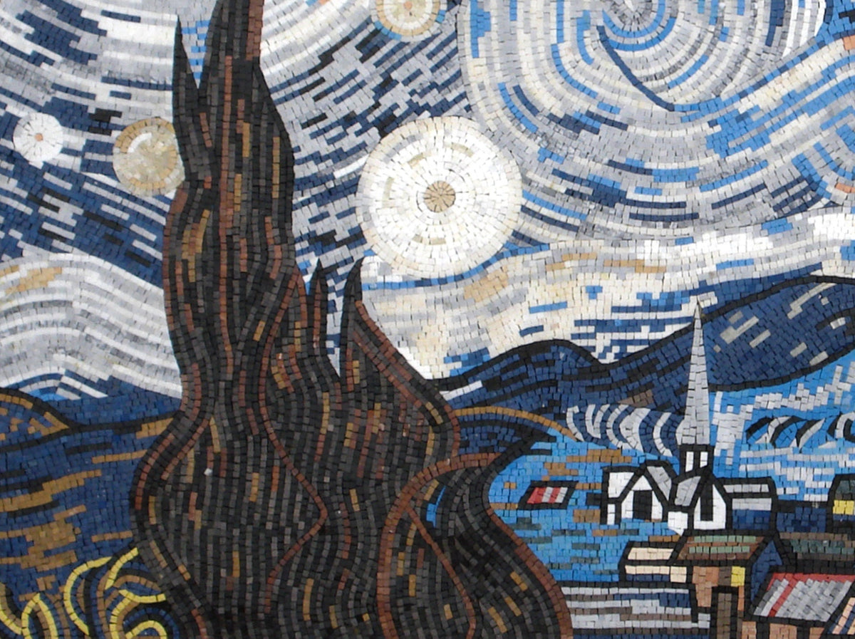 VAN GOGH BACKSPLASH | Stary Night Landscape Medallion Mosaic Art Tiles | Vincent Van Gogh Artwork Mosaic Tiles For House Warming