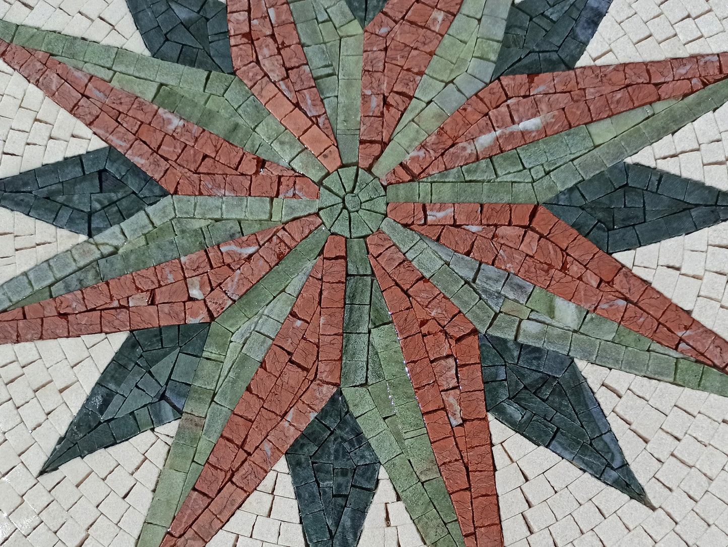 Handmade Compass Rose Mosaic Medallion Tile Art: Pink & Green Marble (32")