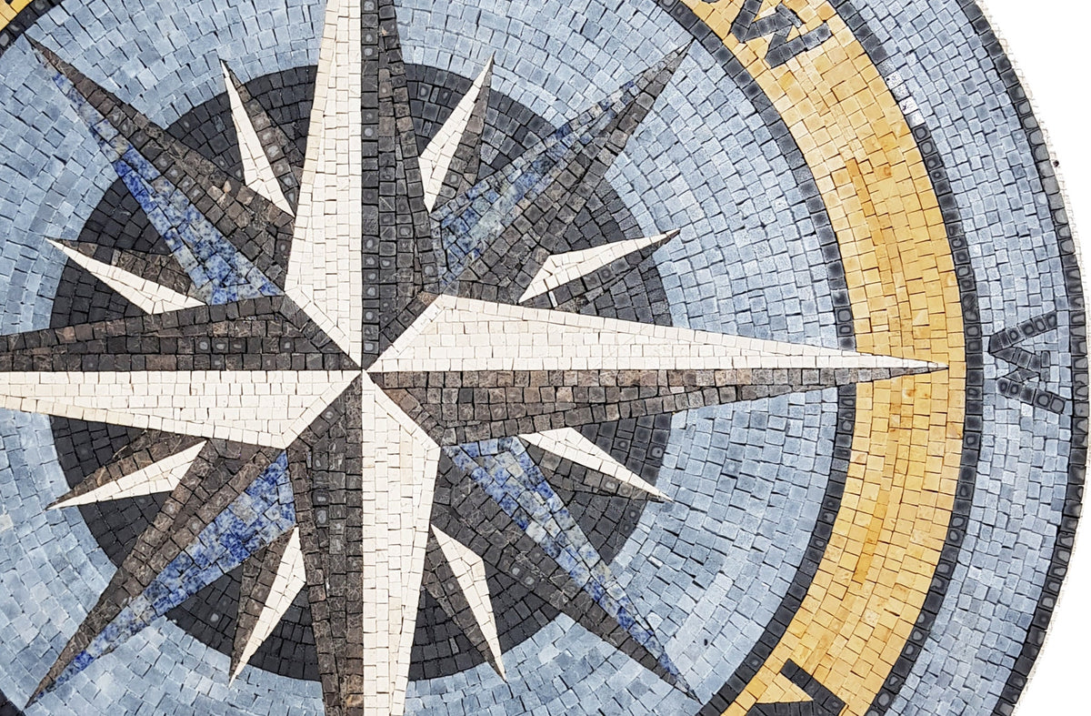 Handmade Compass Marble Mosaic Tile Art - Bathroom, Pool Medallion (36" Diameter)