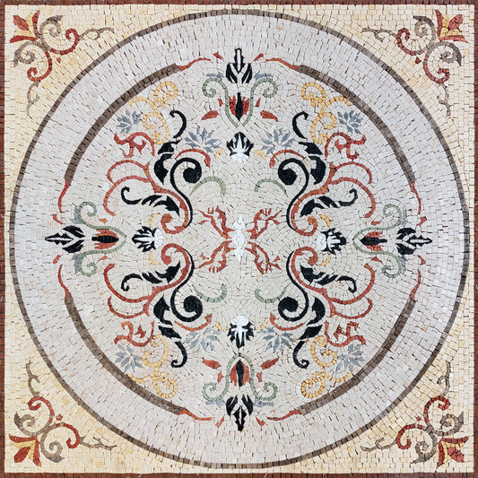 Handmade Geometric Marble Mosaic Tile: Floral Medallion (40"x40")
