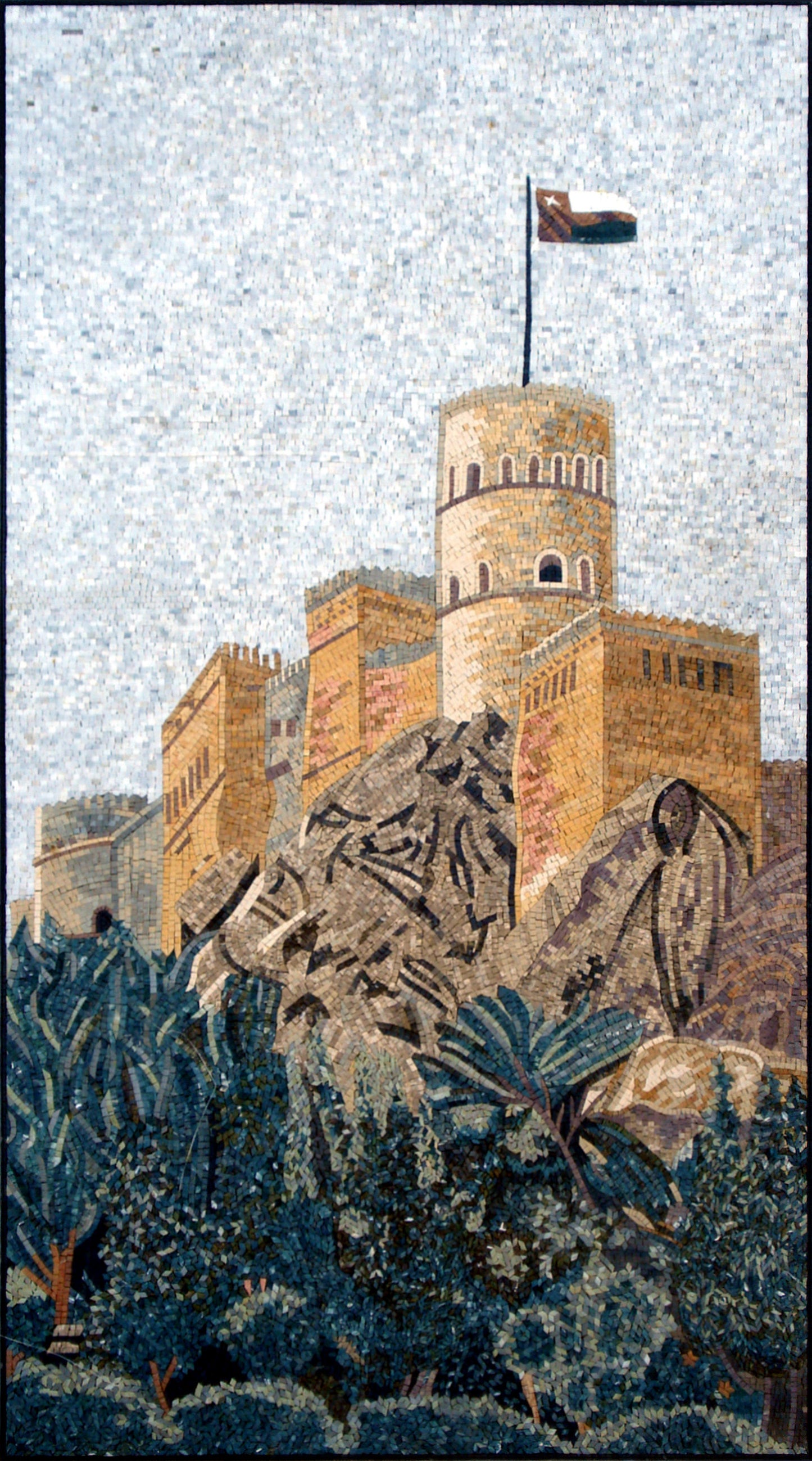 Handmade Fort Mosaic Tile Art: Stone Castle Wall Decor (52” x 28”)