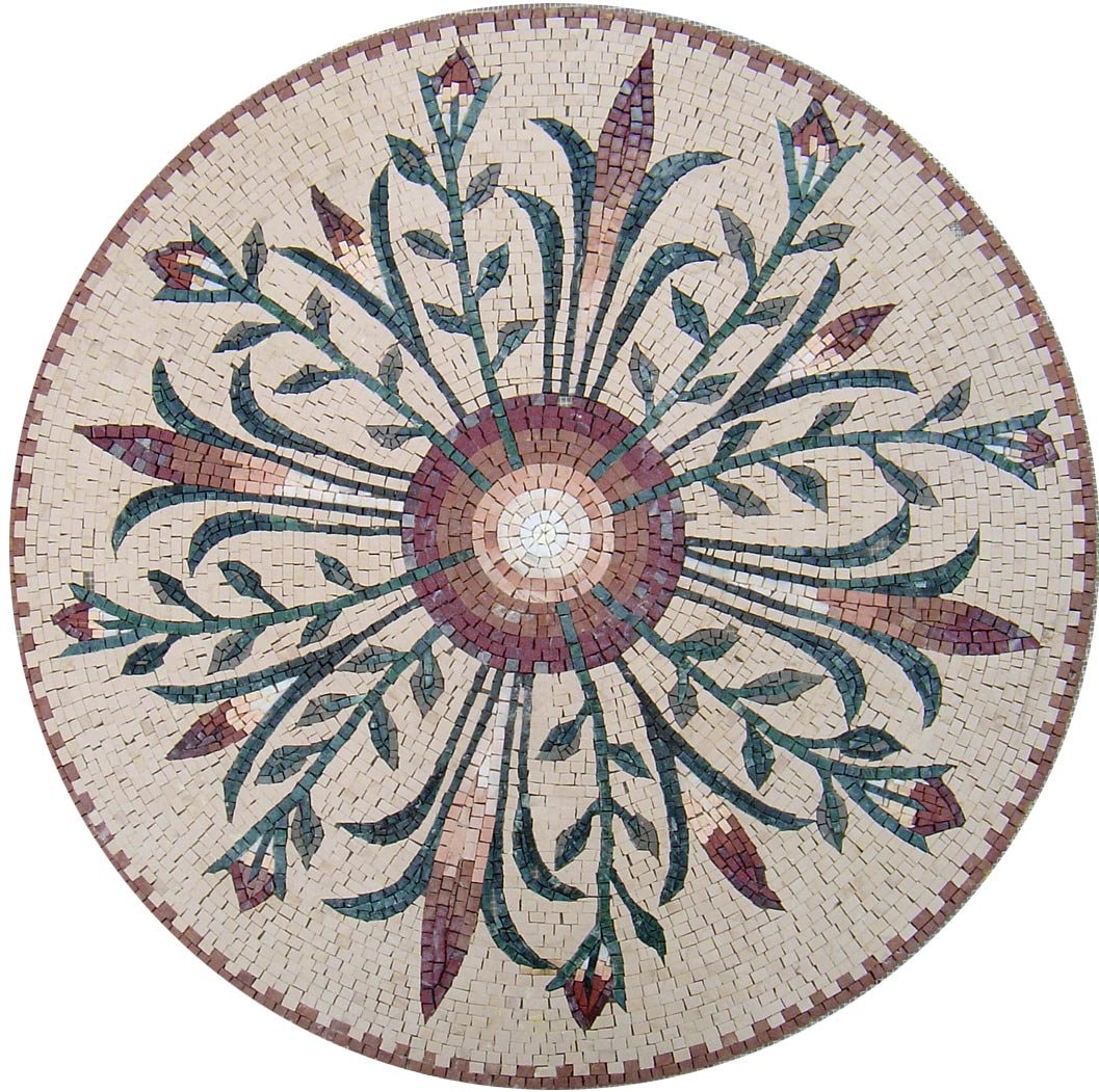 Handmade Marble Mosaic Medallion Art Tile - Floral Stone Decor (40")