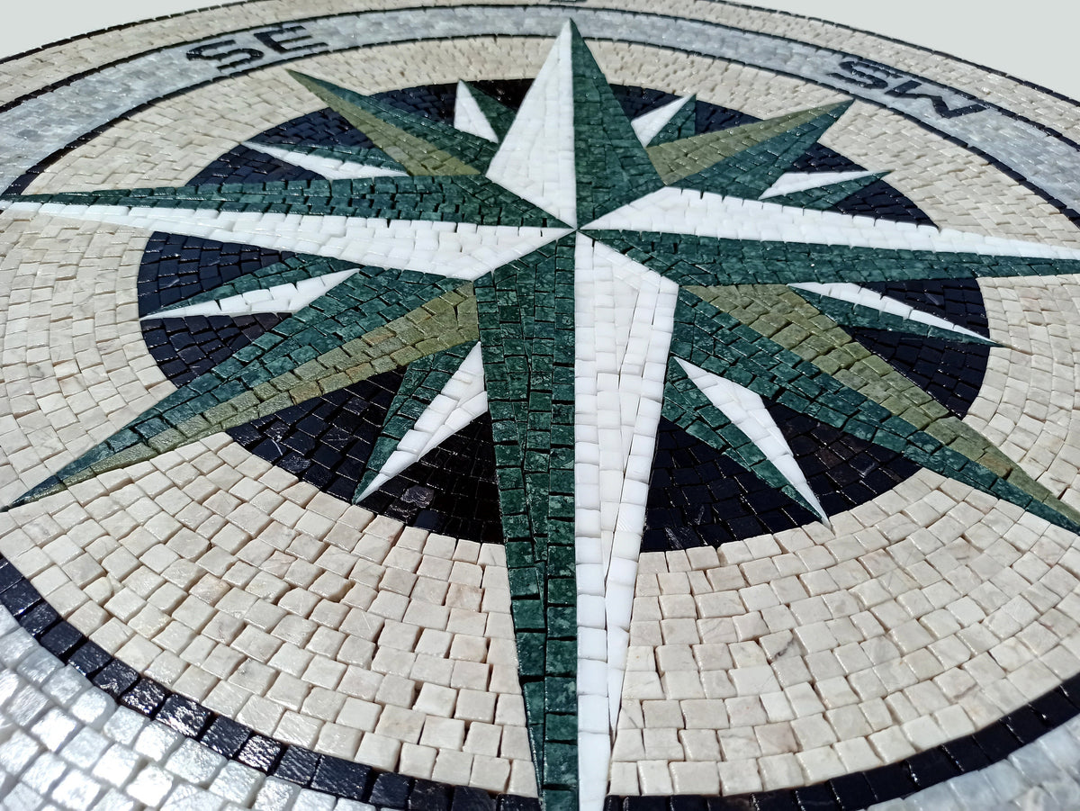Handmade Marble Compass Rose Mosaic Tile: Indoor/Outdoor Medallion (36" Diameter)