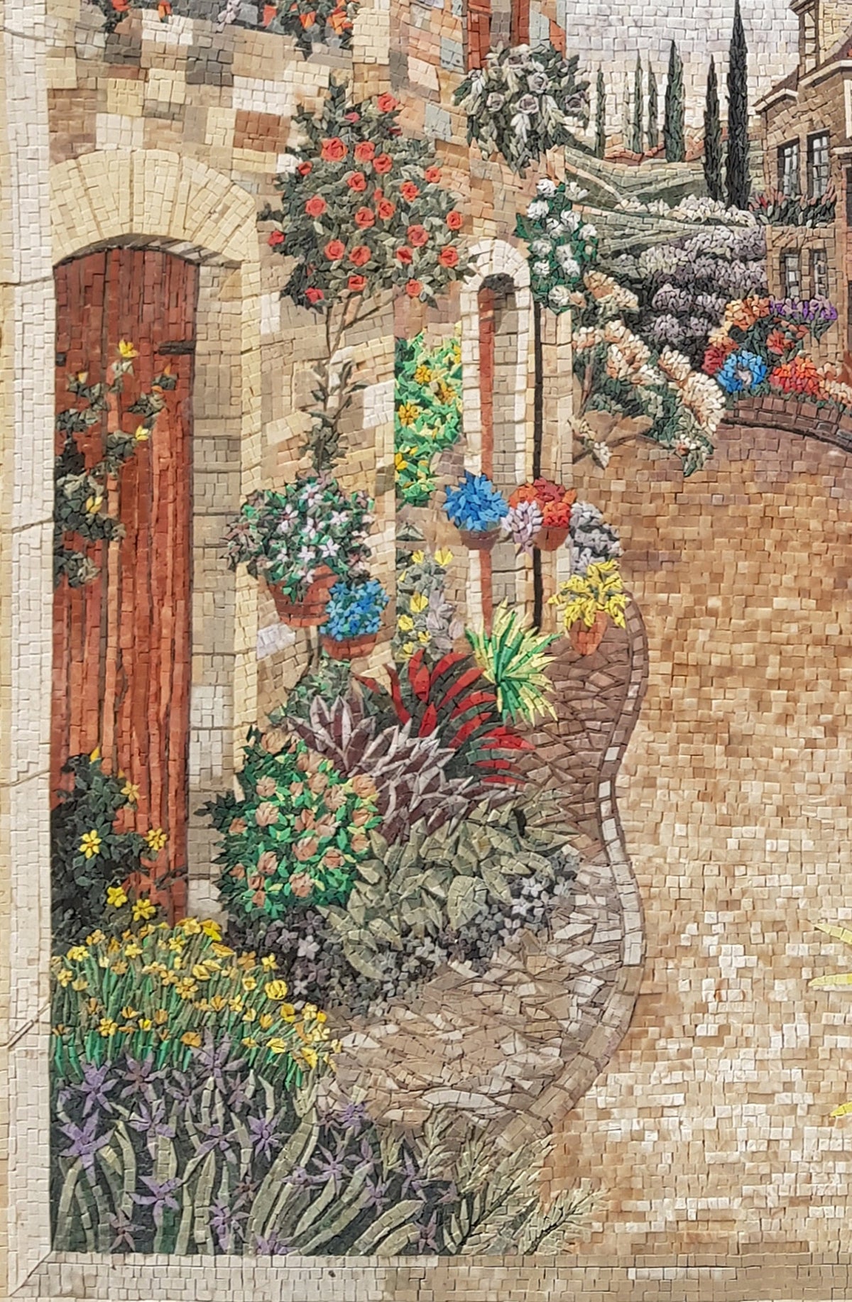 Handmade Marble Mosaic Mural: Botanical European Village Scene