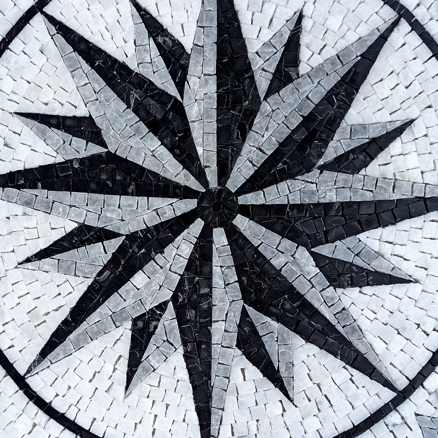 Handmade Marble Mosaic Medallion: Black and Grey Compass Artwork