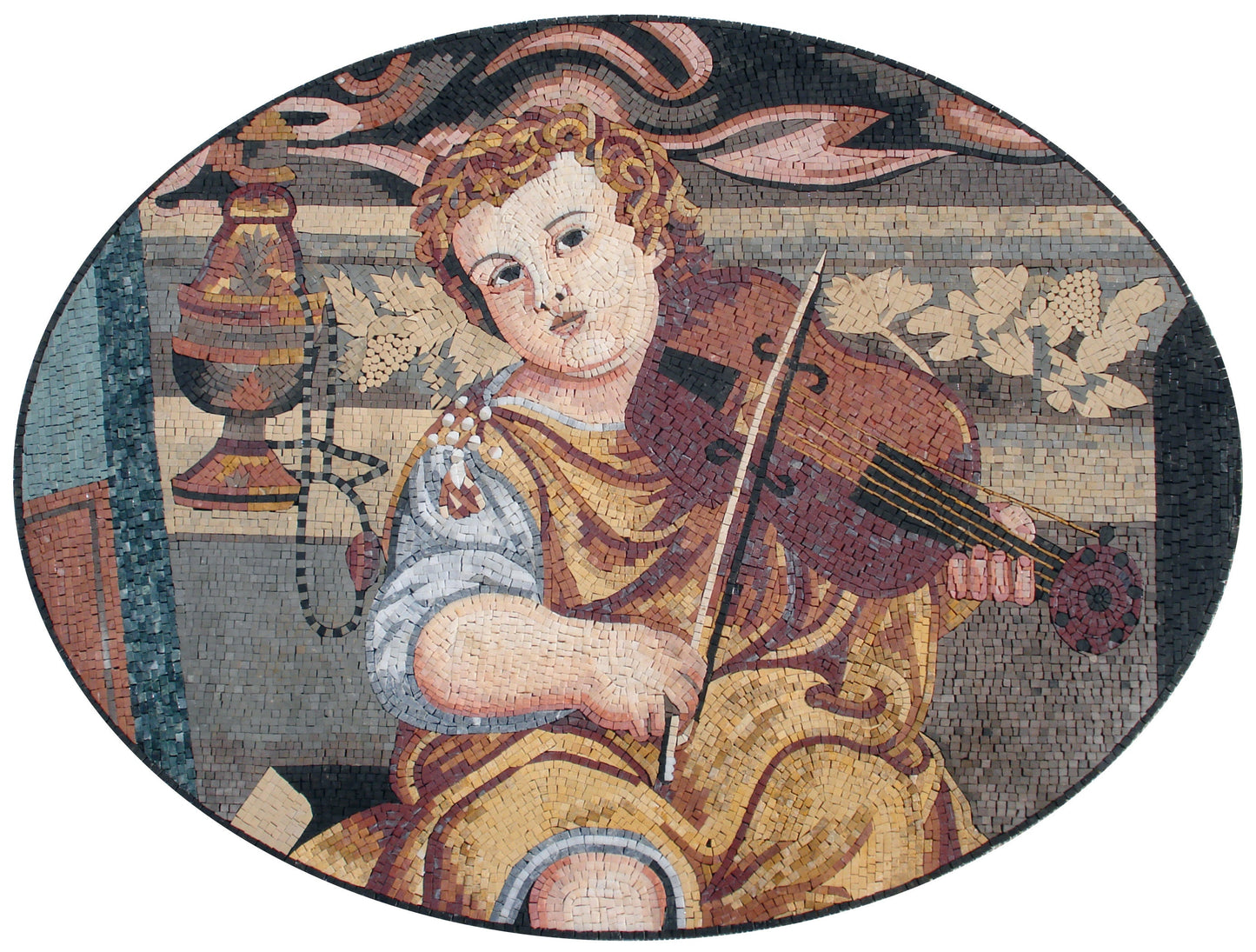 Handmade Marble Mosaic Mural: Child Playing Violin, Indoor/Outdoor Wall Art (52” x 32")