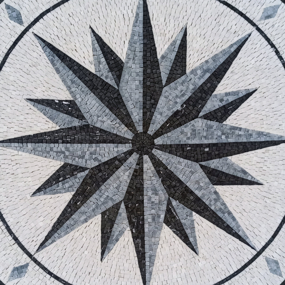Handmade Greyscale Compass Rose Marble Mosaic Medallion Tile (32")